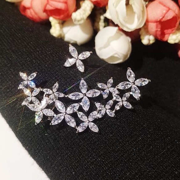 Rhodium Silver Flower Ear Cuffs Climbers Earrings Crystal Cz Stones Wedding 48$